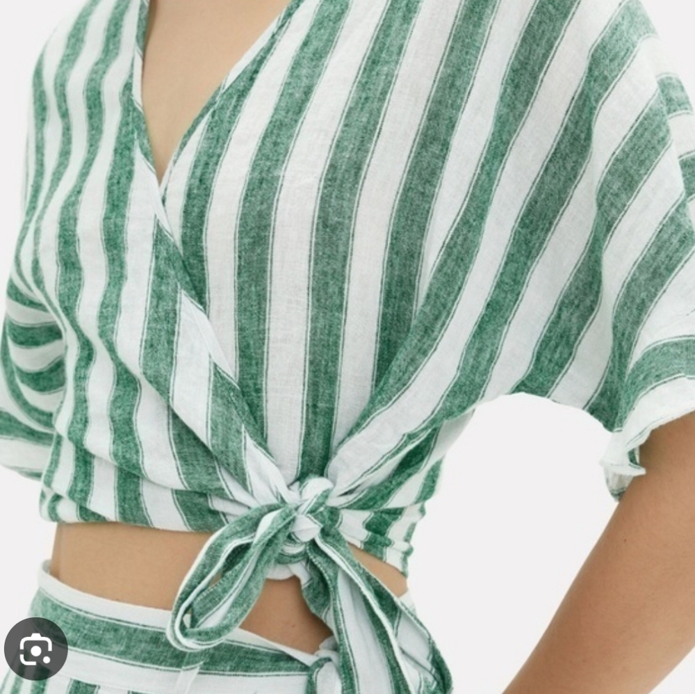 Rails Athena Garden Strip Linen Blend Wrap Top, Green and White, Size XS